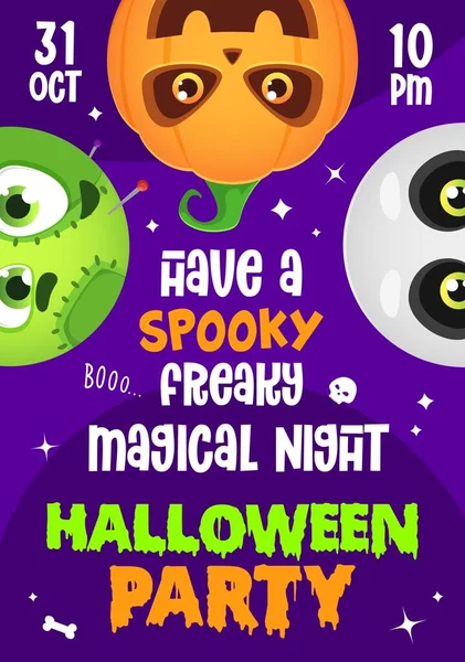 Halloween Party Flyer Cartoon Holiday Monster Heads Vector Invitation Banner — Stock Vector
