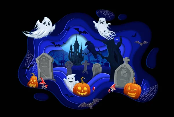 Halloween Paper Cut Ghosts Pumpkins Gravestones Midnight Cemetery Full Moon — Stock Vector