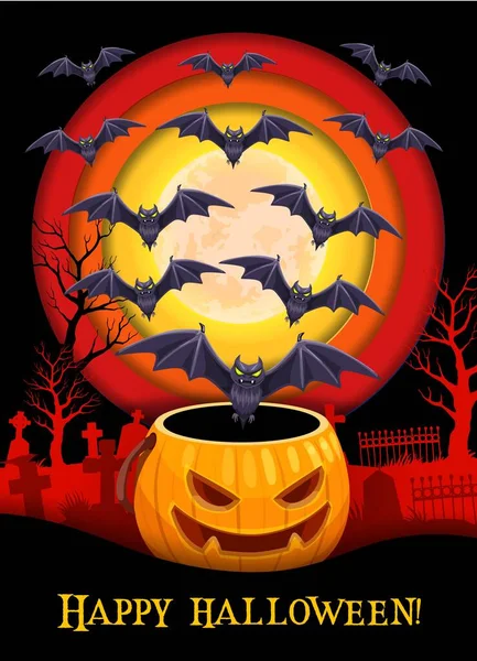 Halloween Paper Cut Banner Cemetery Pumpkin Flock Bats Holiday Cartoon — Stock Vector
