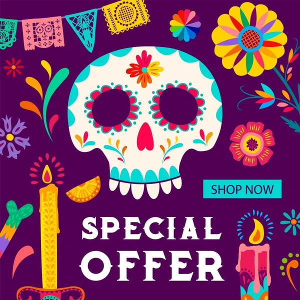 Day Dead Dia Los Muertos Sale Banner Mexican Holiday Skull — Stock Vector