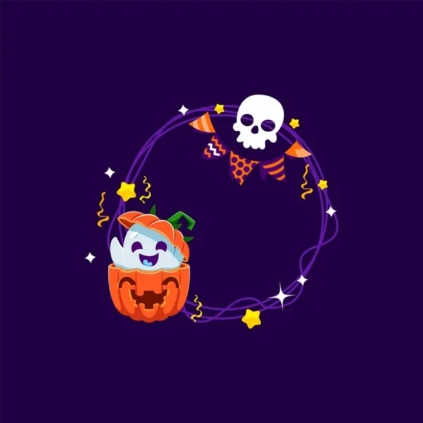 Marco Vacaciones Halloween Con Fantasma Kawaii Asomarse Calabaza Cráneo Guirnalda — Archivo Imágenes Vectoriales