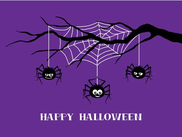 Aranhas Halloween Engraçadas Banner Feriado Teia Aranha Truque Vetorial Personagens — Vetor de Stock