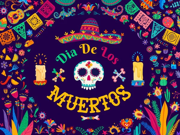 Dia Los Muertos或死亡日的横幅 头盖骨在Sombrero 矢量木纸壁虎旗和蜡烛 墨西哥假日Dia Los Muertos背景 吉他手和以花卉装饰为主题的澳门 — 图库矢量图片