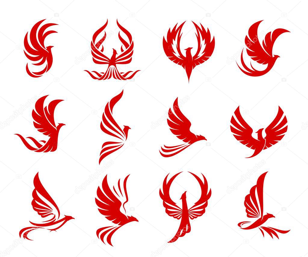 Red phoenix bird icon with fire wings and flaming feathers. Vector fenix firebird, red fire eagle, falcon or hawk flying with raised wings. Fantasy phoenix bird silhouettes set for tattoo or heraldry