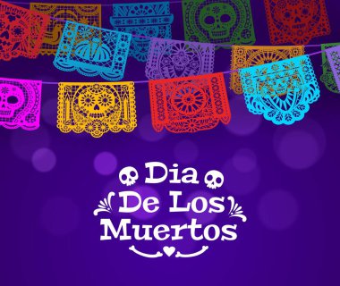 Dia de Los Muertos arka planı ve kağıt kesimi Meksika picado bayrakları. Ölüm Günü davetiye kartı, Dia de Los Muertos bayramı ya da çelenkli geleneksel karnaval broşürü