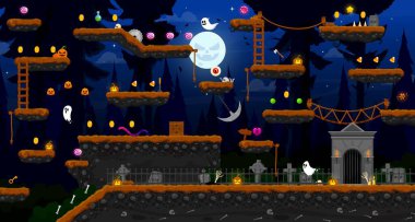 Karanlık Cadılar Bayramı oyun alanı haritası, tahta platformlarla vektör arayüzü, merdivenlerde altın paralar. Cadılar Bayramı için mezarlıkta hayaletler, şekerler, balkabakları ve zombi eller.