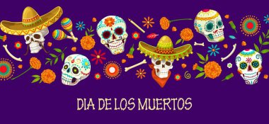 Mexican calavera sugar skulls on Dia de Los Muertos holiday banner. Dia de Los Muertos carnival background, Mexico traditional festival poster or Day of the Dead vector poster with ornate skulls clipart