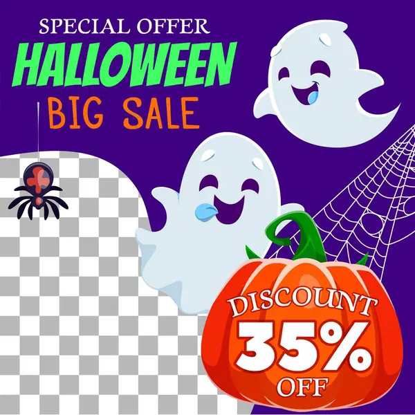 Halloween Holiday Sale Banner Kawaii Ghosts Spider Cobweb Vector Card — Stock Vector