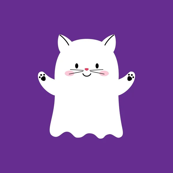 Cartoon Halloween Kawaii Ghost Cat Character Isolated Playful Kitten Spook — Stock Vector