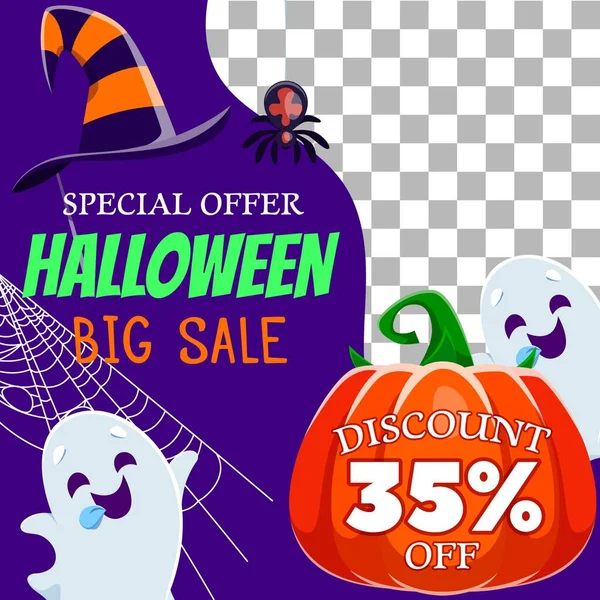 Halloween Holiday Sale Banner Kawaii Ghosts Witch Hat Pumpkin Cobweb — Stock Vector