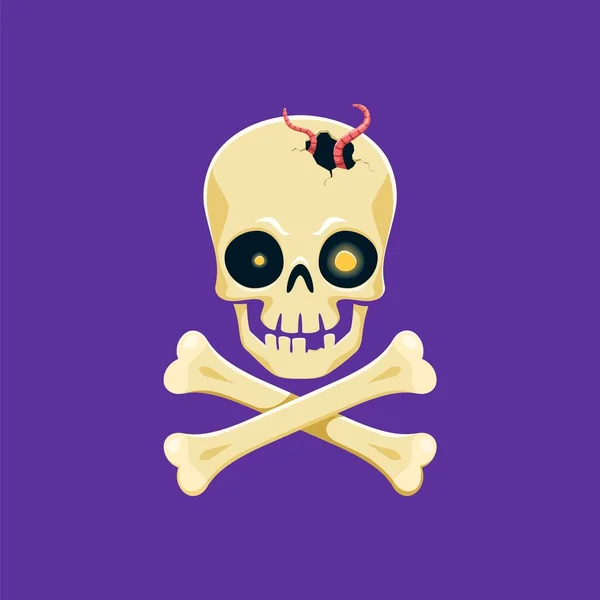Halloween skull, horror night holiday cartoon icon and trick or treat party celebration vector symbol. Halloween holiday horror night dead zombie skeleton skull with crossbones and blood in crack hole