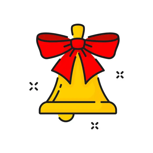 Golden Christmas Bell Red Ribbon Bow Color Line Icon Vector — Stock Vector