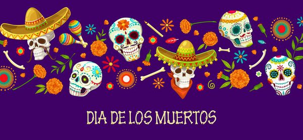 Мексиканские сахарные черепа из калаверы на праздничном баннере Dia de Los Muertos. Карнавальный фон Dia de Los Muertos, традиционный постер фестиваля в Мексике или постер "День мертвеца" с украшенными черепами