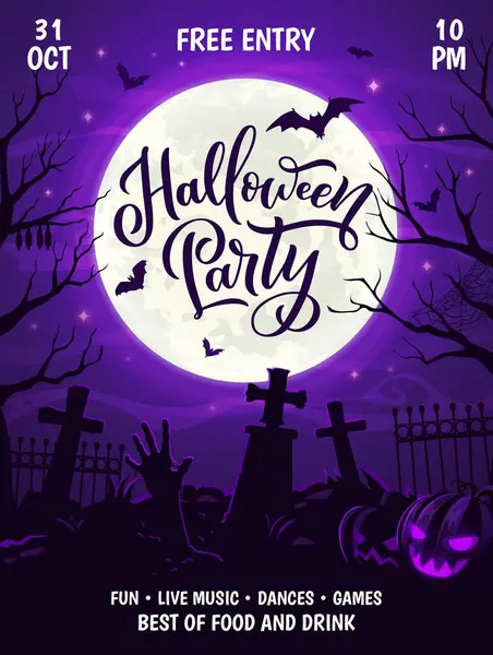 Halloween Party Leták Hřbitovní Siluetou Zombie Ruce Horor Noční Událost — Stockový vektor