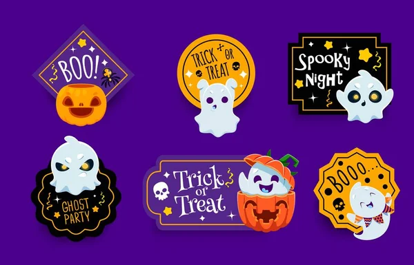 Stickers Vacances Halloween Avec Citrouilles Fantômes Boo Araignées Pour Nuit — Image vectorielle
