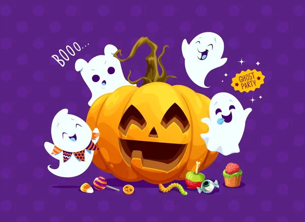 Halloween Lustige Kawaii Geister Und Feiertag Kürbis Mit Gruseligen Süßigkeiten — Stockvektor