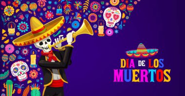 Ölü dia de los muertos mexika bayram bayrağı. Çizgi film mariachi iskelet müzisyen karakteri trompet çalıyor. Geleneksel Latin kostümü ve sombrero giymiş ölü sanatçıya selamlar.