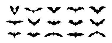 Cadılar Bayramı yarasaları siluetleri hazır. İzole edilmiş vektör kanatlı vampir hayvan siyah şekilli beyaz arka plan. Ürkütücü ve ürkütücü hayvanlar grubu, monokrom simgeleri, basit işaretler ya da piktogramlar.