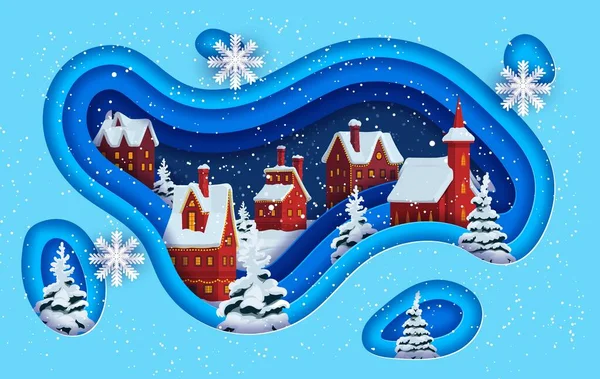 Χριστουγεννιάτικο Χαρτί Κοπεί Ευχετήρια Κάρτα Χειμερινή Πόλη Και Νιφάδες Χιονιού — Διανυσματικό Αρχείο
