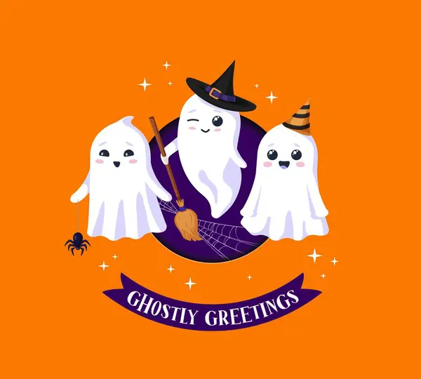 Halloween Paper Cut Banner Cute Kawaii Ghosts Delightfully Spooky Vector — Stock Vector