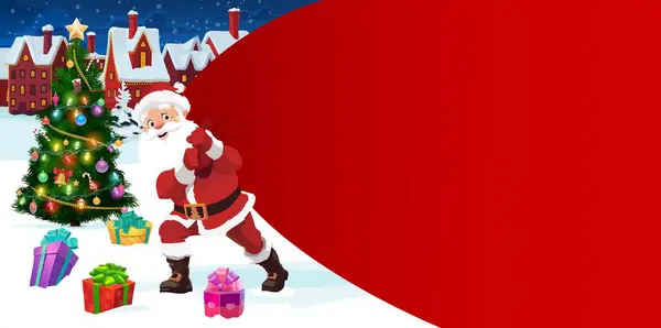 卡通圣诞老人和礼物袋和圣诞树 带红包的诺埃尔神父在白雪覆盖的乡村带着装饰的云杉 圣诞贺卡模板与有趣的字符递送礼物 — 图库矢量图片