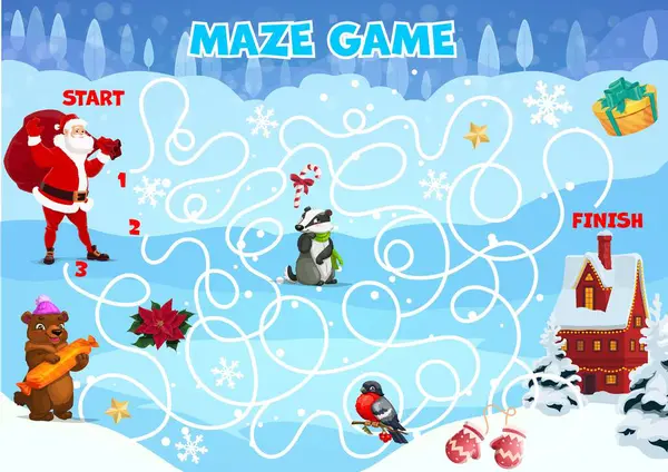 Christmas Labyrinth Maze Kids Vector Board Game Worksheet Help Santa — Stock Vector