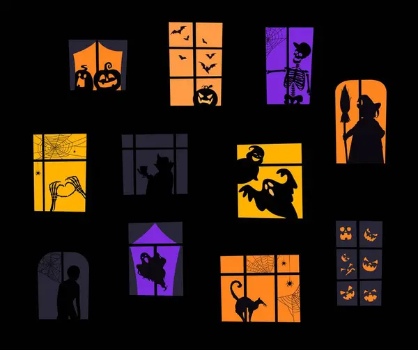 Halloween Window Scary Creepy Spooky Silhouettes Vector Haunted House Facade — Stock Vector
