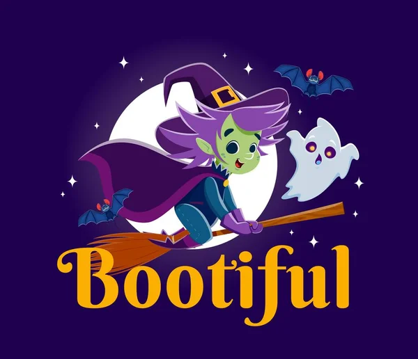 Bootiful Halloween Quote Cartoon Witch Broom Kawaii Ghost Bringing Enchantment — Stock Vector