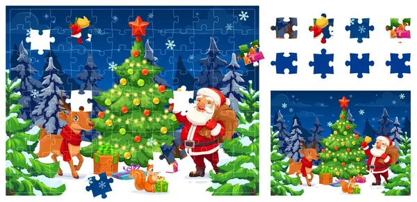 Navidad Rompecabezas Piezas Del Juego Santa Claus Con Regalos Ciervos — Archivo Imágenes Vectoriales