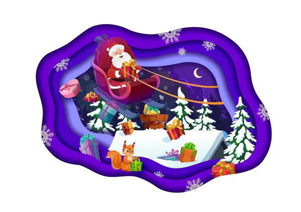 Papel Desenho Animado Cortado Banner Voando Papai Noel Trenó Cartão —  Vetores de Stock