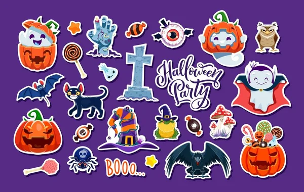 Halloween Stickers Vector Set Cartoon Ghost Pumpkin Zombie Hand Eyeball — Stock Vector