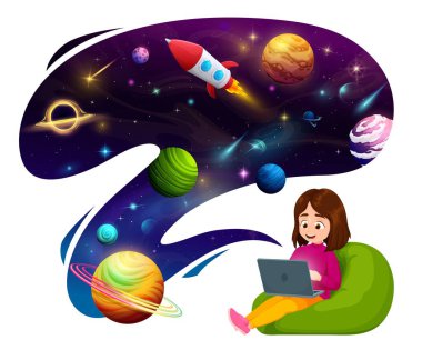 Dizüstü bilgisayarlı çocuk koltukta oturuyor ve uzay keşfi hayali kuruyor. Çizgi film vektörü. Çocuk uzay araştırması yapıyor ve astronot roketinin dünya dışı gezegenlere uçtuğunu hayal ediyor.