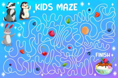 Labirent oyunu gibi. Çizgi filmlerdeki hayvan karakterlerin lezzetli dondurma bulmalarına yardım et. Labyrinth porsuk, penguen, tavşan, şirin şahsiyet, dondurma tatlısıyla aktivite vektör çizelgesi oynuyor.