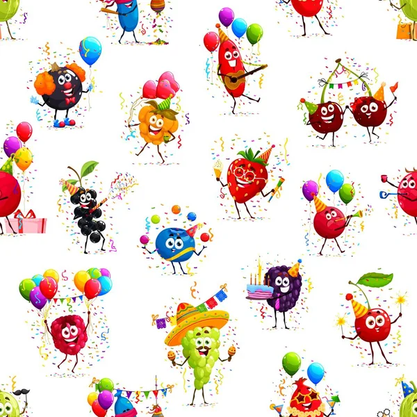 Cartoon berry characters on birthday holiday, seamless pattern. Cute strawberry, cherry, cranberry and raspberry fruit vector personages background. Berries with cake, party hats, balloons, confetti