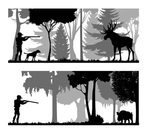 Hunter Silhouette Animal Hunting Trophy Forest Hunting Season Shooting Hobby — Stock Vector