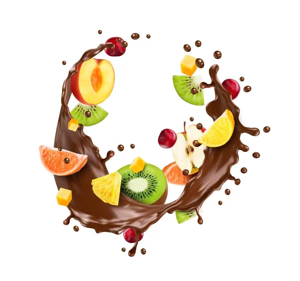 Realistic Chocolate Milk Drink Wave Splash Fruits Isolated Vector Brown — Stock Vector