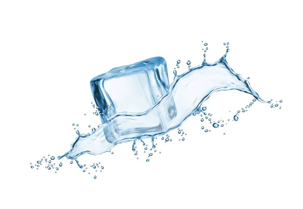Wasserwellenspritzer Und Eiswürfel Mit Strömungstropfen Realistischer Vektorhintergrund Mineralwassergetränk Oder Spritzwasser — Stockvektor