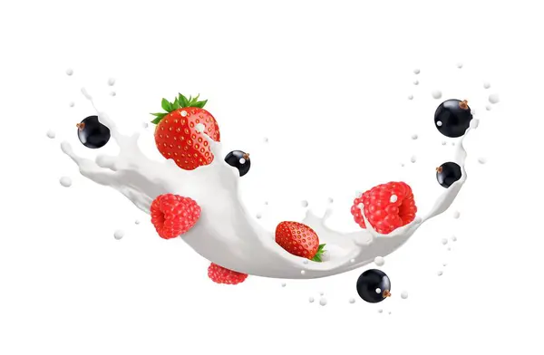 现实的牛奶饮料与浆果混合在一起 含草莓 黑醋栗 覆盆子和新鲜夏季鸡尾酒的分离3D载体现实奶制品 酸奶或奶油白液流 — 图库矢量图片