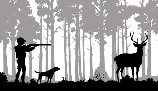 Κυνηγετική Σιλουέτα Κυνηγός Καραμπίνα Σκύλος Και Ελάφι Στο Δάσος Κυνήγι — Διανυσματικό Αρχείο
