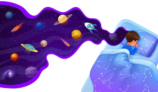 Sleeping Kid Bed Galaxy Space Planets Dream Rockets Sky Vector — Stock Vector