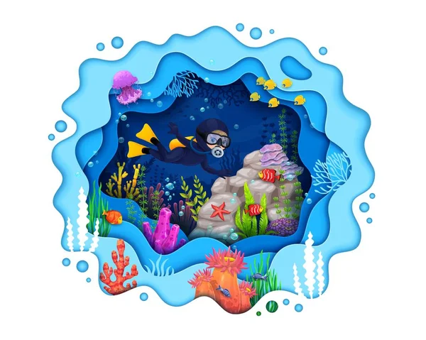Cartoon Meeresboden Papier Geschnittene Unterwasserlandschaft Und Kindertaucher Der Nähe Von — Stockvektor