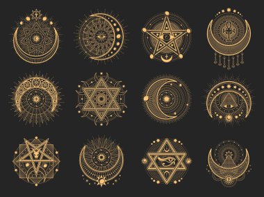 Hilal ve ay esrarengiz okült sembolleri, tarot sihirli ikonları. Davut 'un Yıldızı, Ankh ve Horus' un Gözü okült amblemleri. Din eski işaretler, ilahi gözler, sihirli dövme ya da büyücülük kutsal sembolleri.