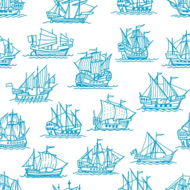 Eski yelkenli gemiler, yelkenliler, eski gemiler, kusursuz şablonlar, vektör arkaplan. Retro firkateynler ve mavi çizgili yelkenli gemiler, deniz dalgaları üzerinde yelkenli ya da brigantin kervanları