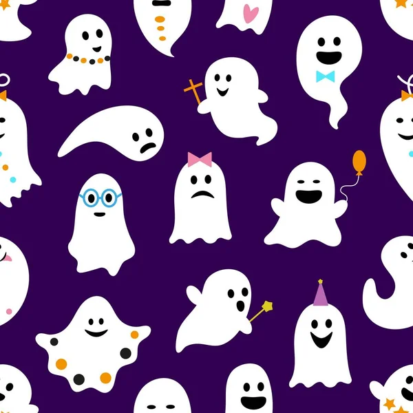 Halloween Cute Kawaii Ghosts Characters Seamless Pattern Trick Treat Holiday — Stock Vector