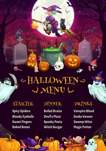 Halloween Holiday Menu Vector Template Cartoon Ghosts Witch Pumpkin Characters — Stock Vector
