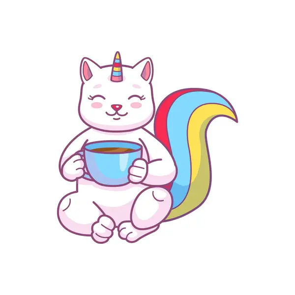 Cartoon Cute Caticorn Character Tea Coffee Cup Vector White Unicorn — Stock Vector