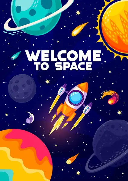 Rocket Galaxy Cartoon Space Landscape Poster Spaceship Planets Sky Vector — Stock Vector