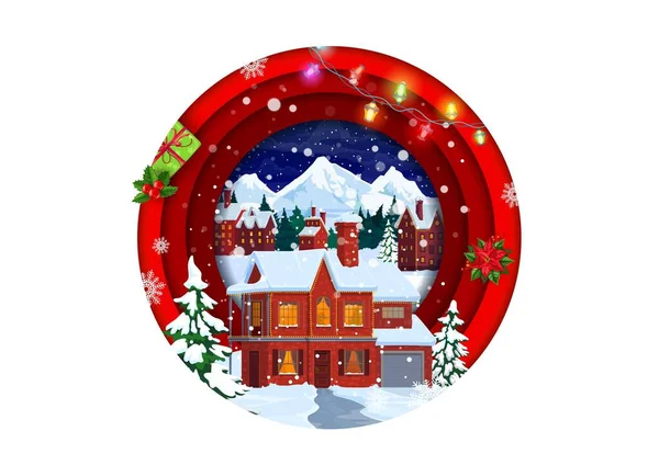 圣诞纸切风景与冬季房屋的建设和礼物 病媒欢乐假期 圣诞灯 礼物和雪花环绕着三层房子的圣诞村或小镇 — 图库矢量图片