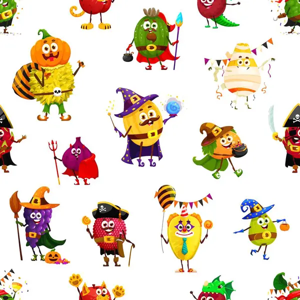Patrón Sin Costuras Dibujos Animados Divertidos Personajes Frutas Halloween Trajes — Archivo Imágenes Vectoriales