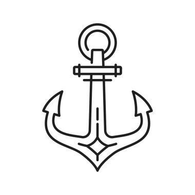 Deniz teknesi ya da gemi, ince çizgi ikonu. Denizci yolcu gemisi demir kanca işareti, donanma gemisi ağır ekipman ya da donanma teknesi metal çapa, okyanus ya da deniz yolculuğu ana hatları vektör ikonu ya da pictogram